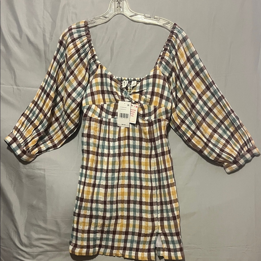 Roxy Multicolor Plaid Dress with Puff Sleeves